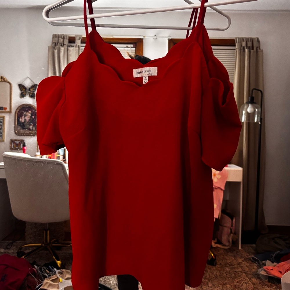 Monteau Vibrant Red Scalloped Top